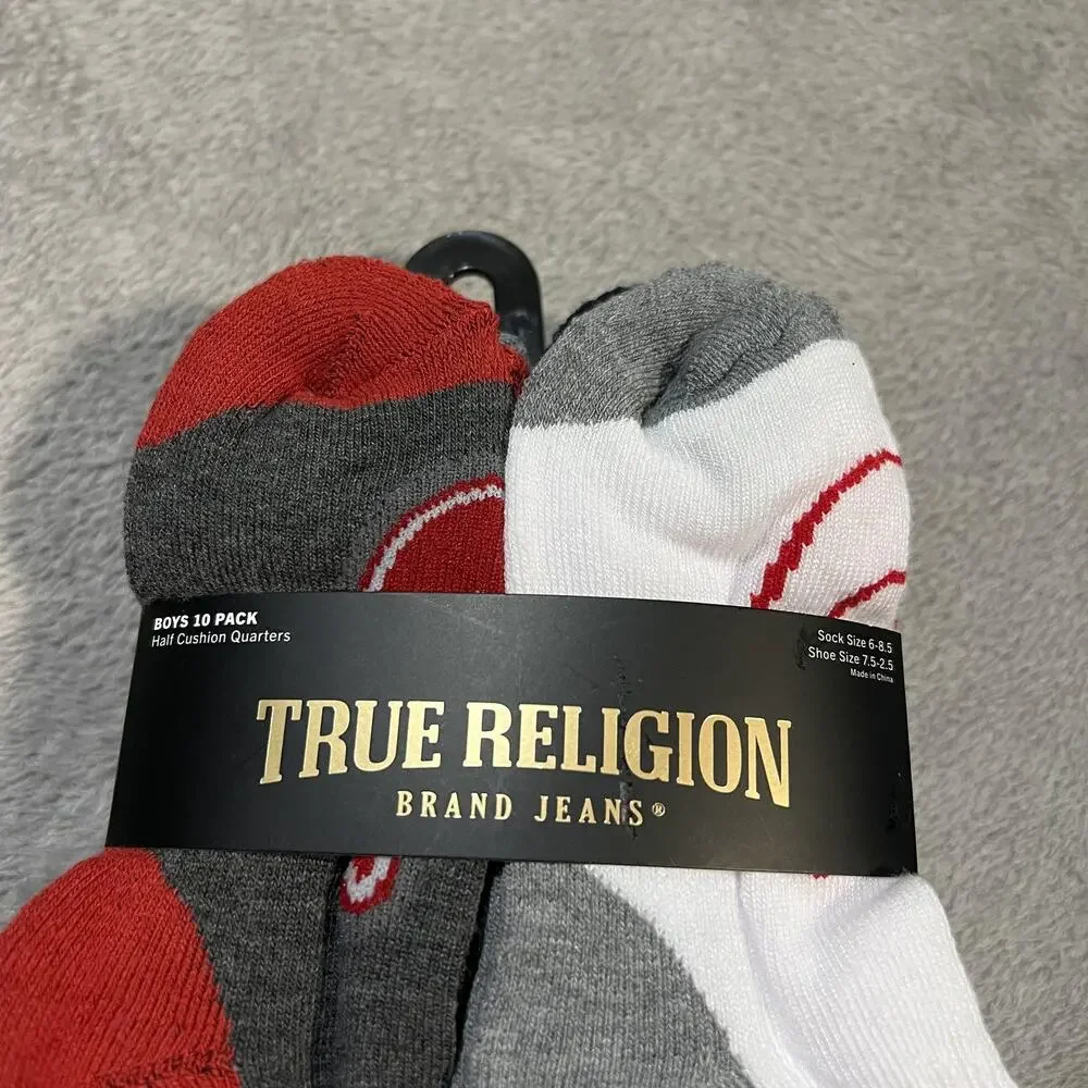 True Religion Socks Boys Size 6-8.5 White Gray Red Half Cushion Quarter 10 Pack